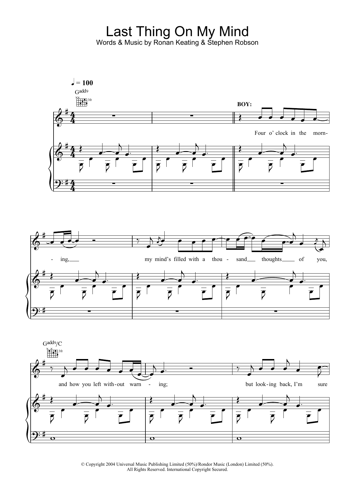 Ronan Keating Last Thing On My Mind sheet music notes and chords arranged for Piano, Vocal & Guitar Chords
