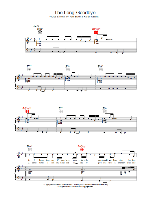 Ronan Keating The Long Goodbye sheet music notes and chords arranged for Piano Chords/Lyrics