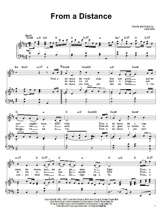 Ronan Tynan From A Distance sheet music notes and chords arranged for Piano, Vocal & Guitar Chords (Right-Hand Melody)