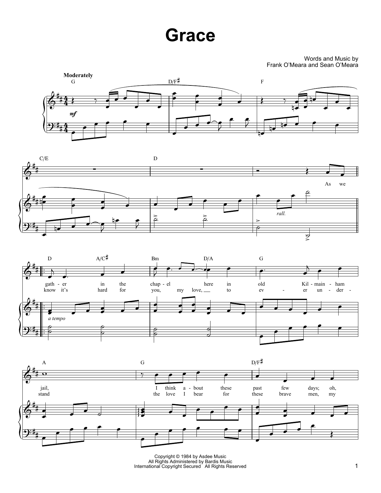 Ronan Tynan Grace sheet music notes and chords arranged for Piano, Vocal & Guitar Chords (Right-Hand Melody)