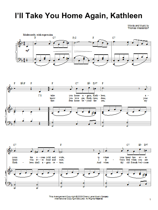 Ronan Tynan I'll Take You Home Again, Kathleen sheet music notes and chords arranged for Piano, Vocal & Guitar Chords (Right-Hand Melody)