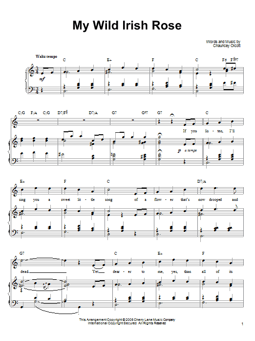 Ronan Tynan My Wild Irish Rose sheet music notes and chords arranged for Piano, Vocal & Guitar Chords (Right-Hand Melody)