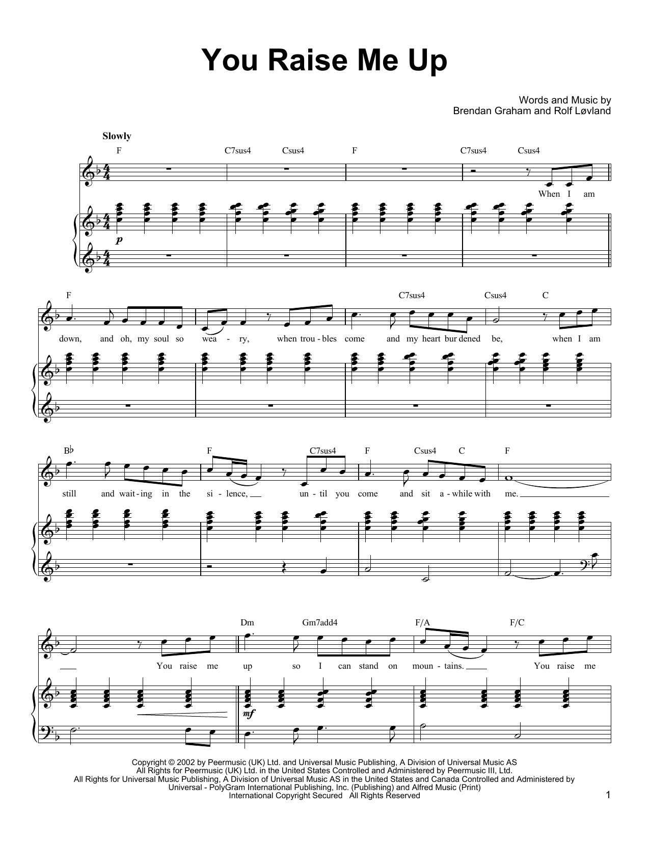 Ronan Tynan You Raise Me Up sheet music notes and chords arranged for Piano, Vocal & Guitar Chords (Right-Hand Melody)
