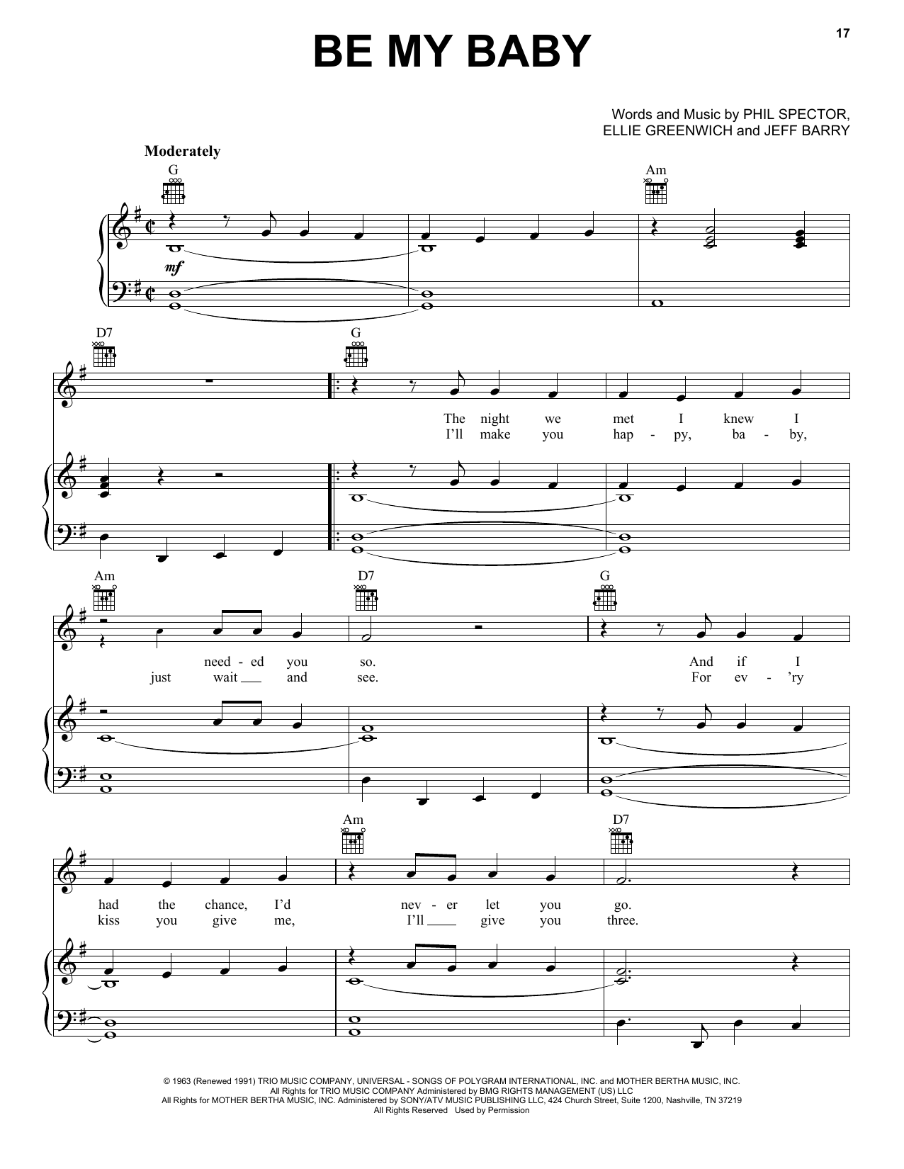 Ronettes Be My Baby sheet music notes and chords arranged for Easy Piano