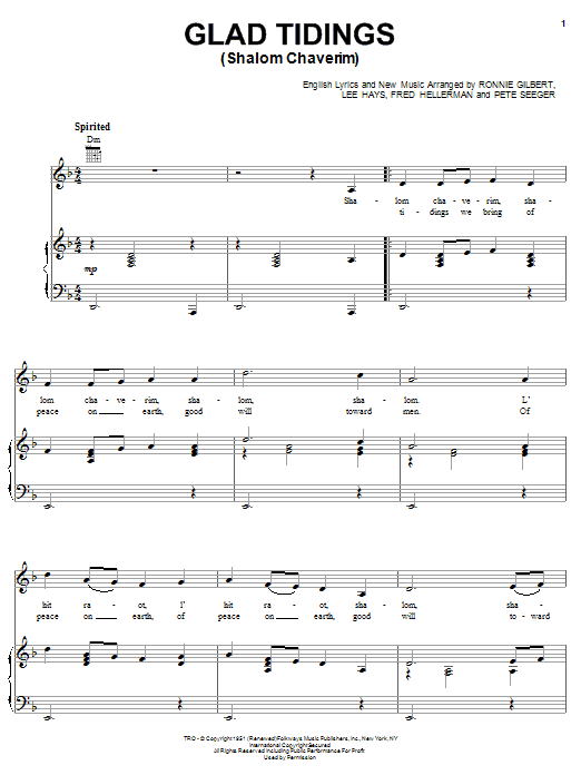 Ronnie Gilbert Glad Tidings (Shalom Chaverim) sheet music notes and chords arranged for Piano, Vocal & Guitar Chords (Right-Hand Melody)