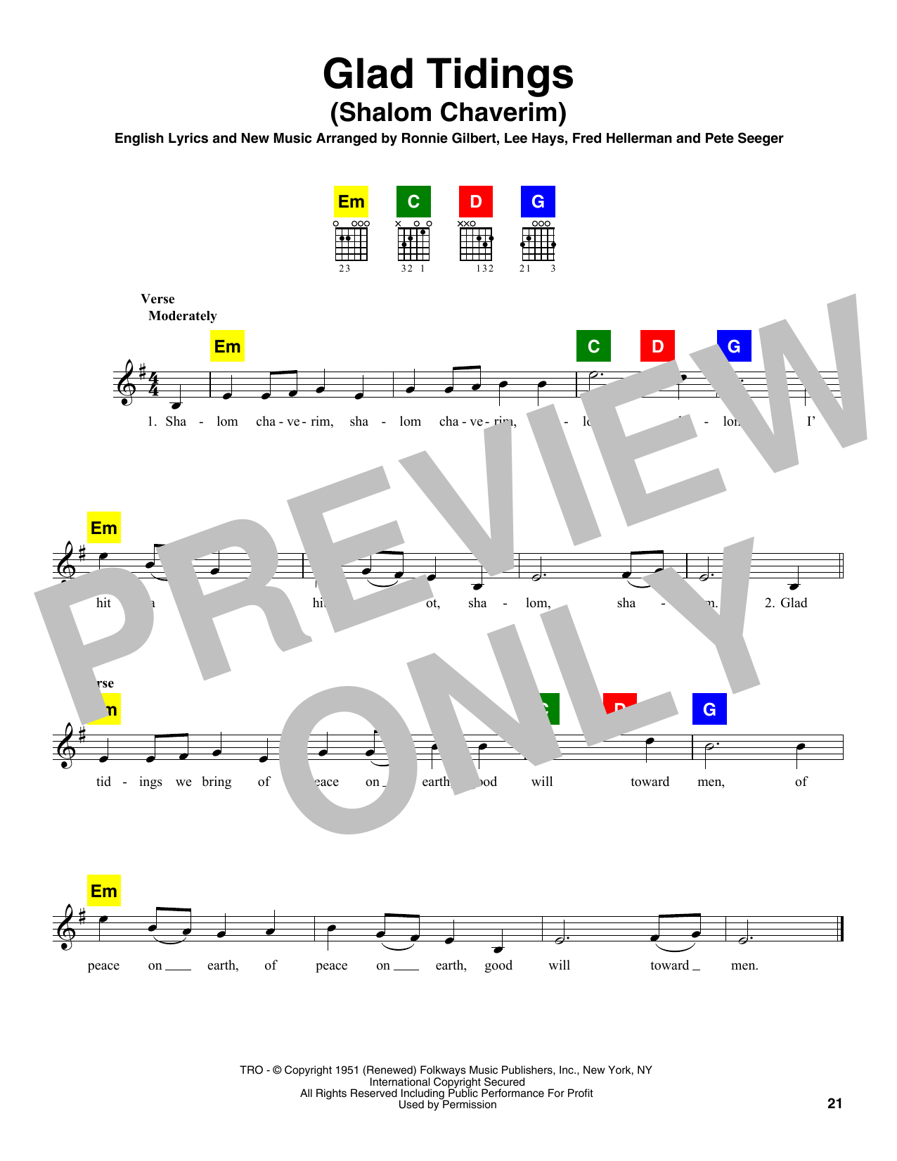 Ronnie Gilbert, Lee Hays, Fred Hellerman & Pete Seeger Glad Tidings (Shalom Chaverim) sheet music notes and chords arranged for ChordBuddy