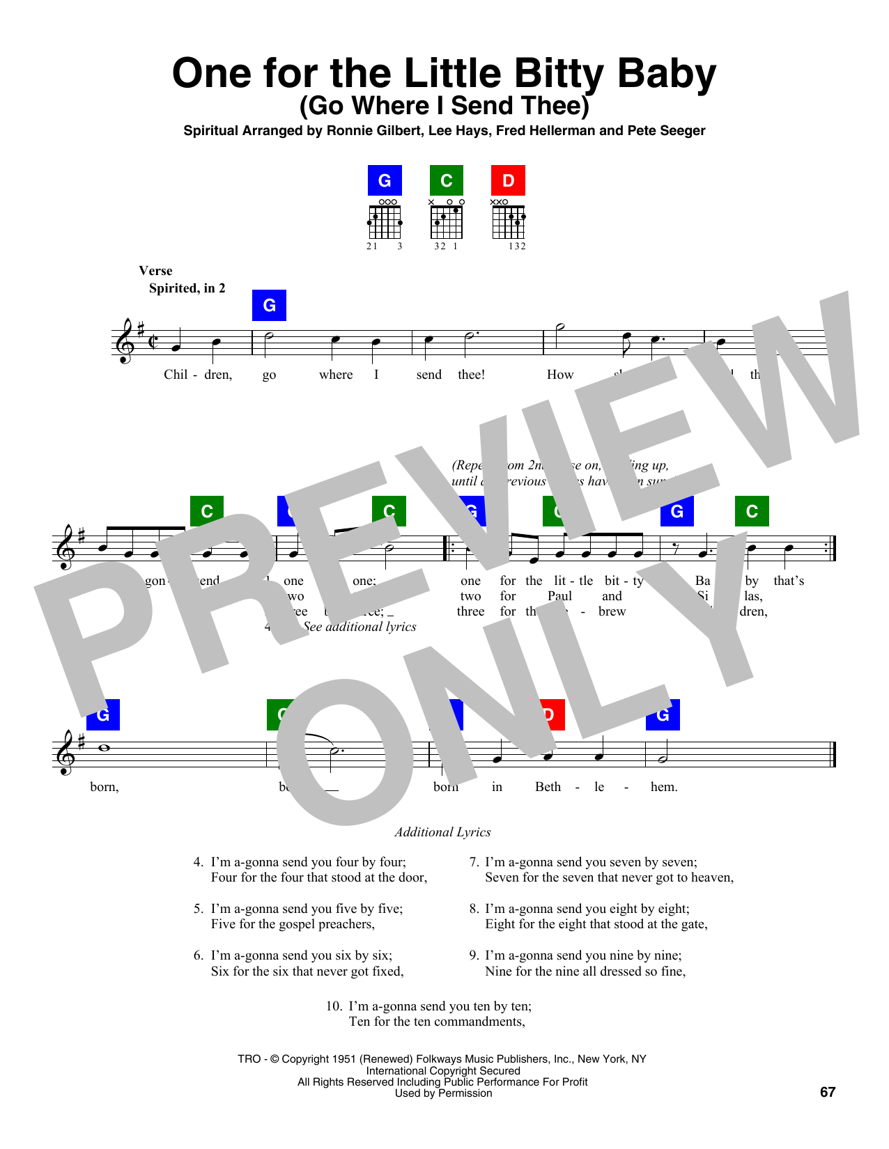 Ronnie Gilbert, Lee Hays, Fred Hellerman & Pete Seeger One For The Little Bitty Baby (Go Where I Send Thee) sheet music notes and chords arranged for ChordBuddy