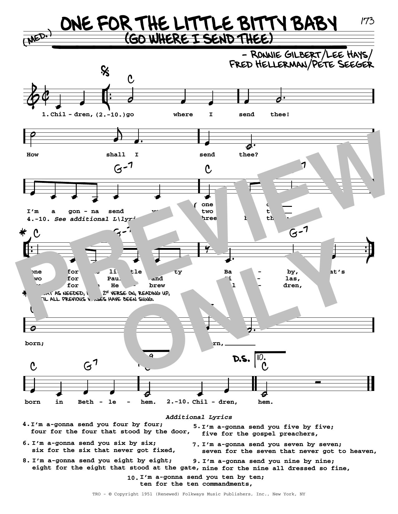 Ronnie Gilbert One For The Little Bitty Baby (Go Where I Send Thee) sheet music notes and chords arranged for Real Book – Melody, Lyrics & Chords