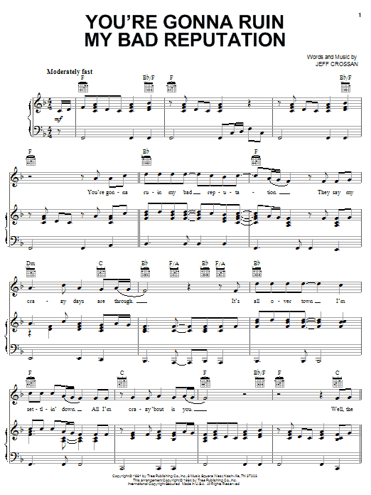 Ronnie McDowell You're Gonna Ruin My Bad Reputation sheet music notes and chords arranged for Piano, Vocal & Guitar Chords (Right-Hand Melody)