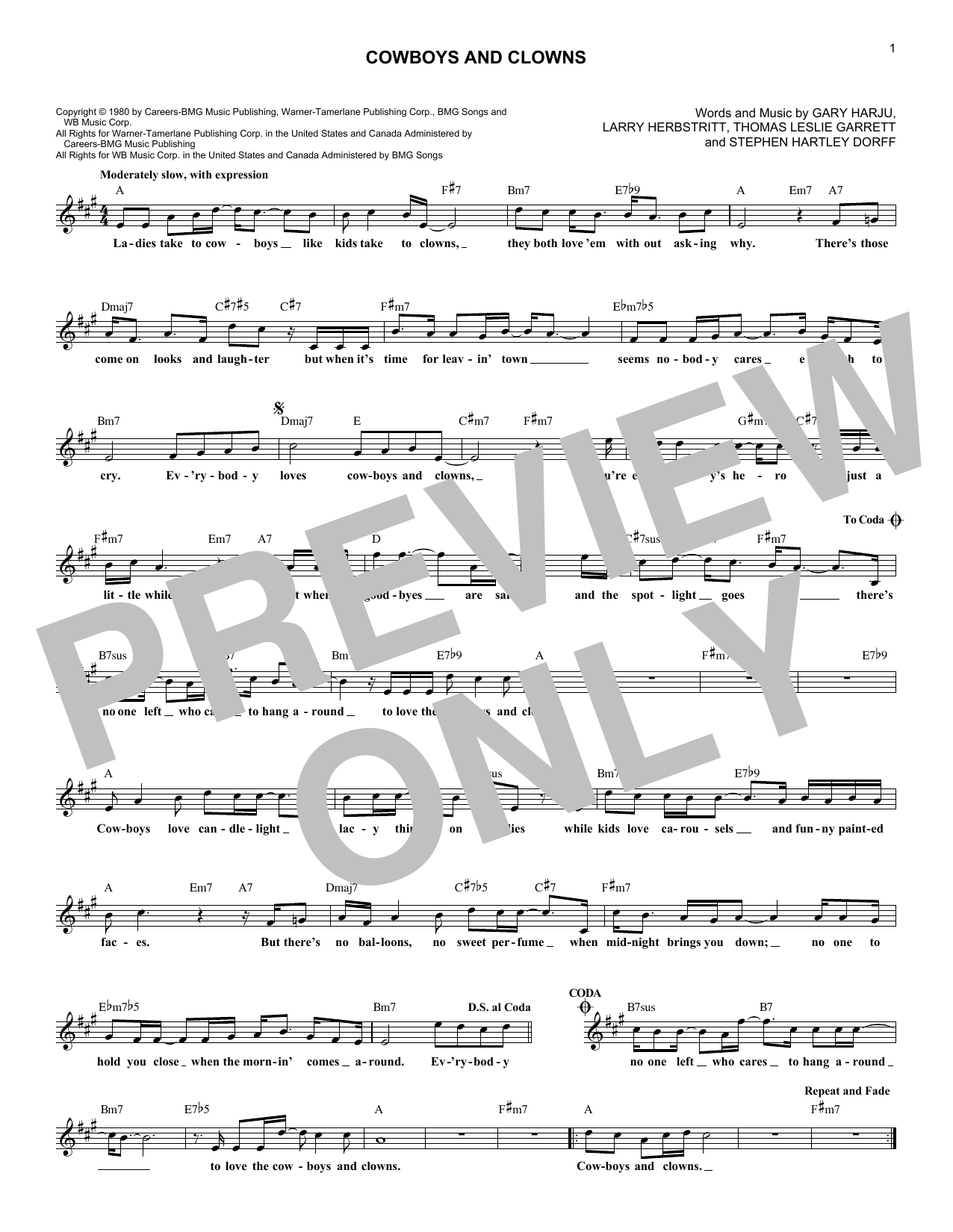 Ronnie Milsap Cowboys And Clowns sheet music notes and chords arranged for Lead Sheet / Fake Book
