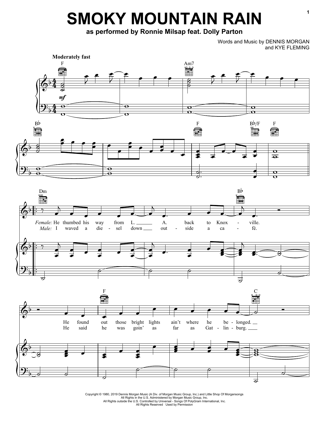 Ronnie Milsap feat. Dolly Parton Smoky Mountain Rain sheet music notes and chords arranged for Piano, Vocal & Guitar Chords (Right-Hand Melody)