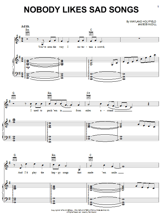 Ronnie Milsap Nobody Likes Sad Songs sheet music notes and chords arranged for Piano, Vocal & Guitar Chords (Right-Hand Melody)
