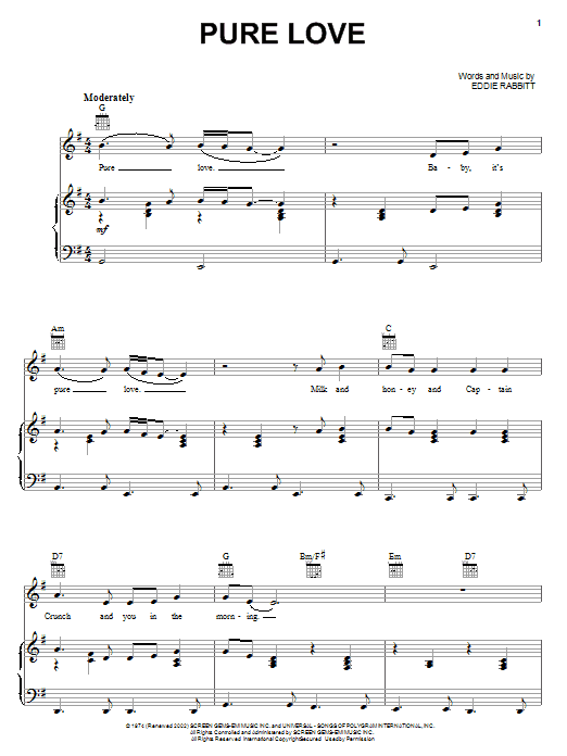 Ronnie Milsap Pure Love sheet music notes and chords arranged for Piano, Vocal & Guitar Chords (Right-Hand Melody)