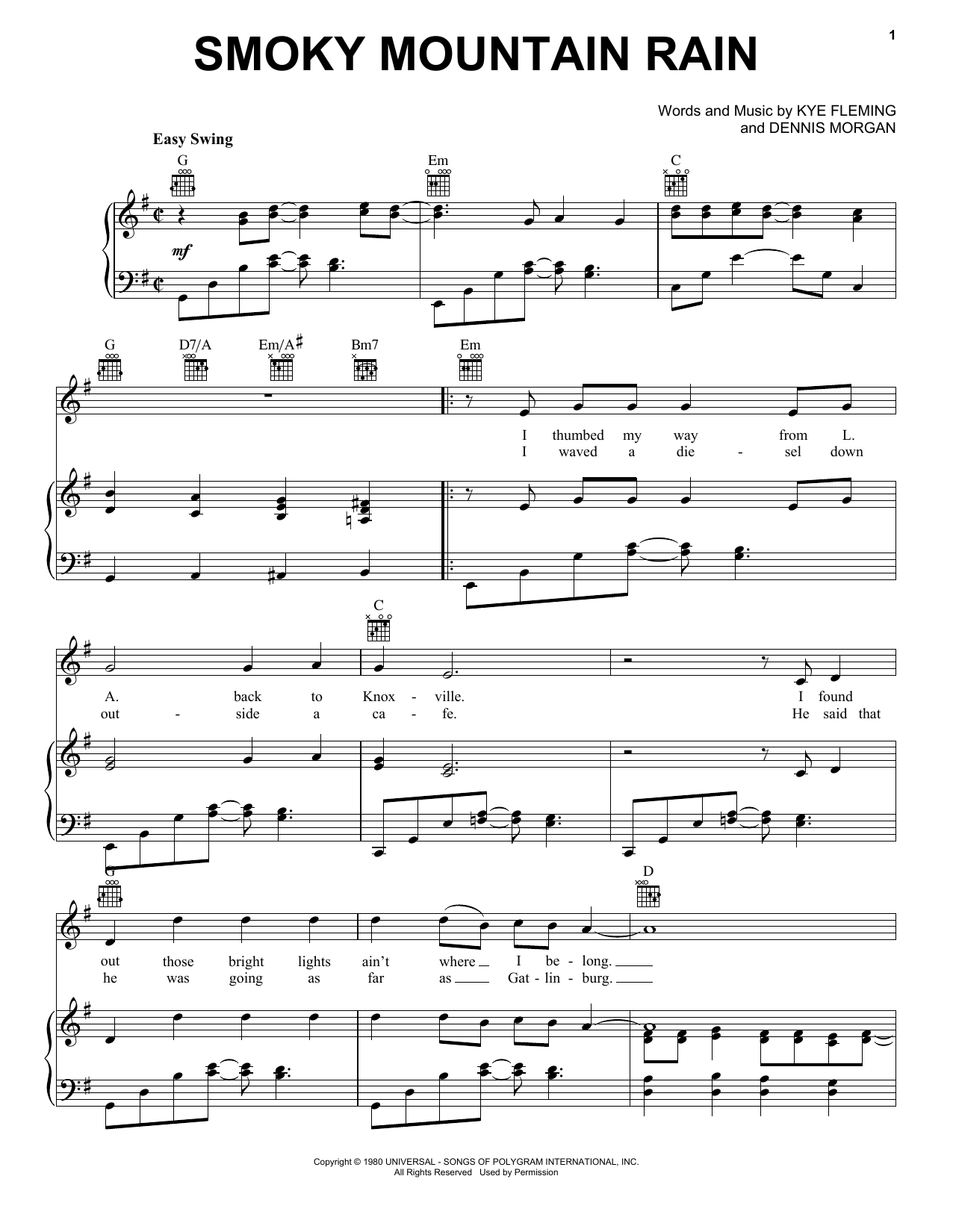 Ronnie Milsap Smoky Mountain Rain sheet music notes and chords arranged for Real Book – Melody, Lyrics & Chords