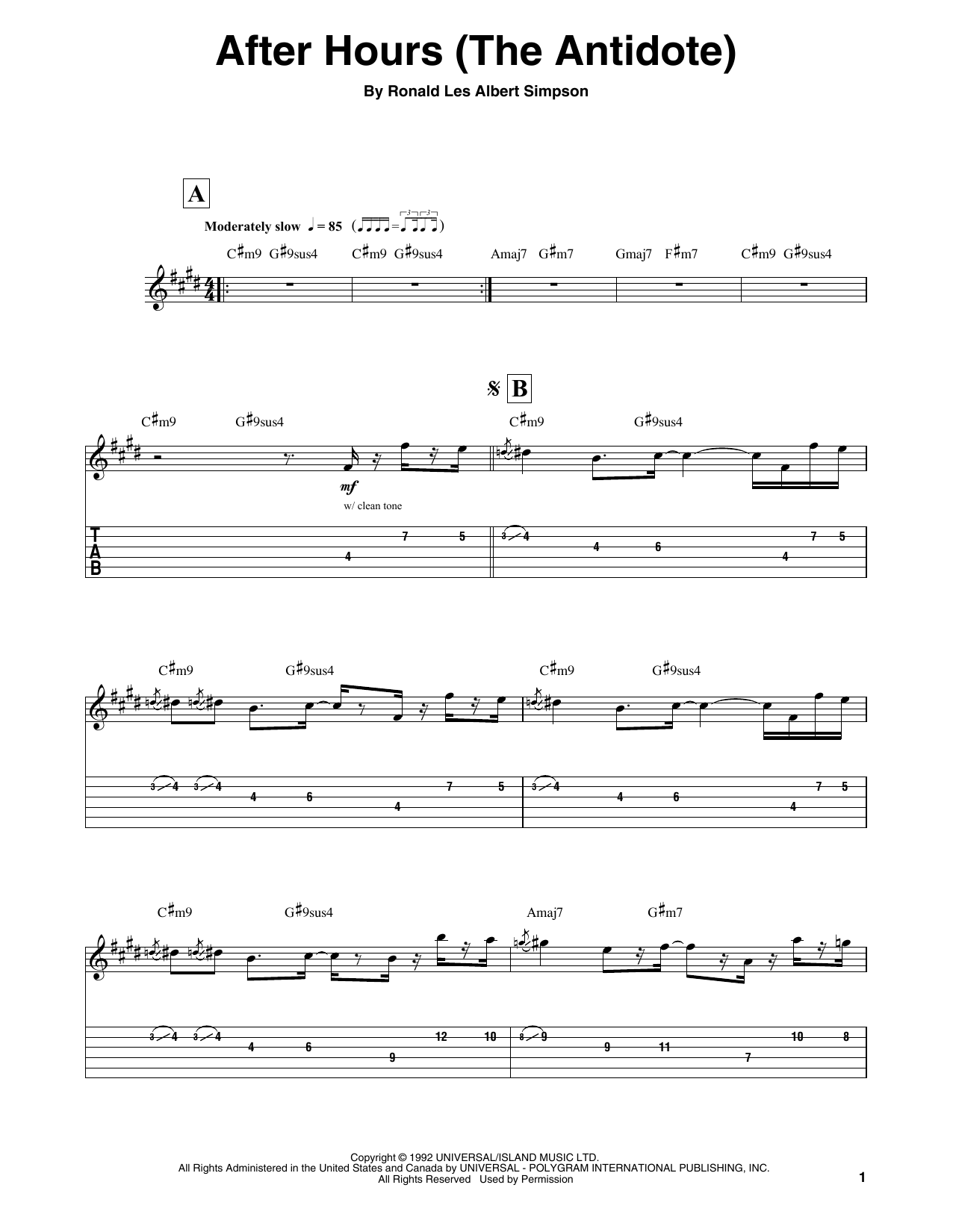 Ronny Jordan After Hours (The Antidote) sheet music notes and chords arranged for Guitar Tab (Single Guitar)
