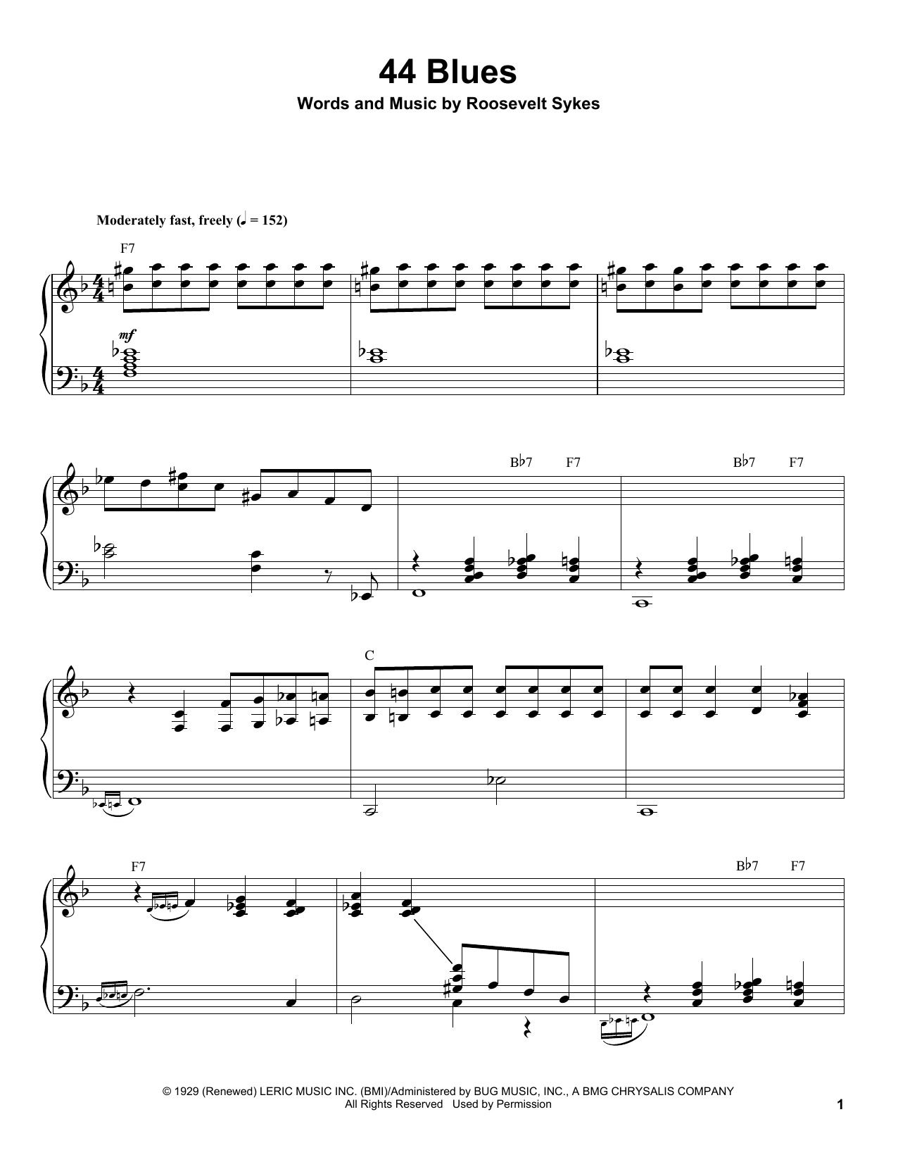 Roosevelt Sykes 44 Blues sheet music notes and chords arranged for Piano Transcription