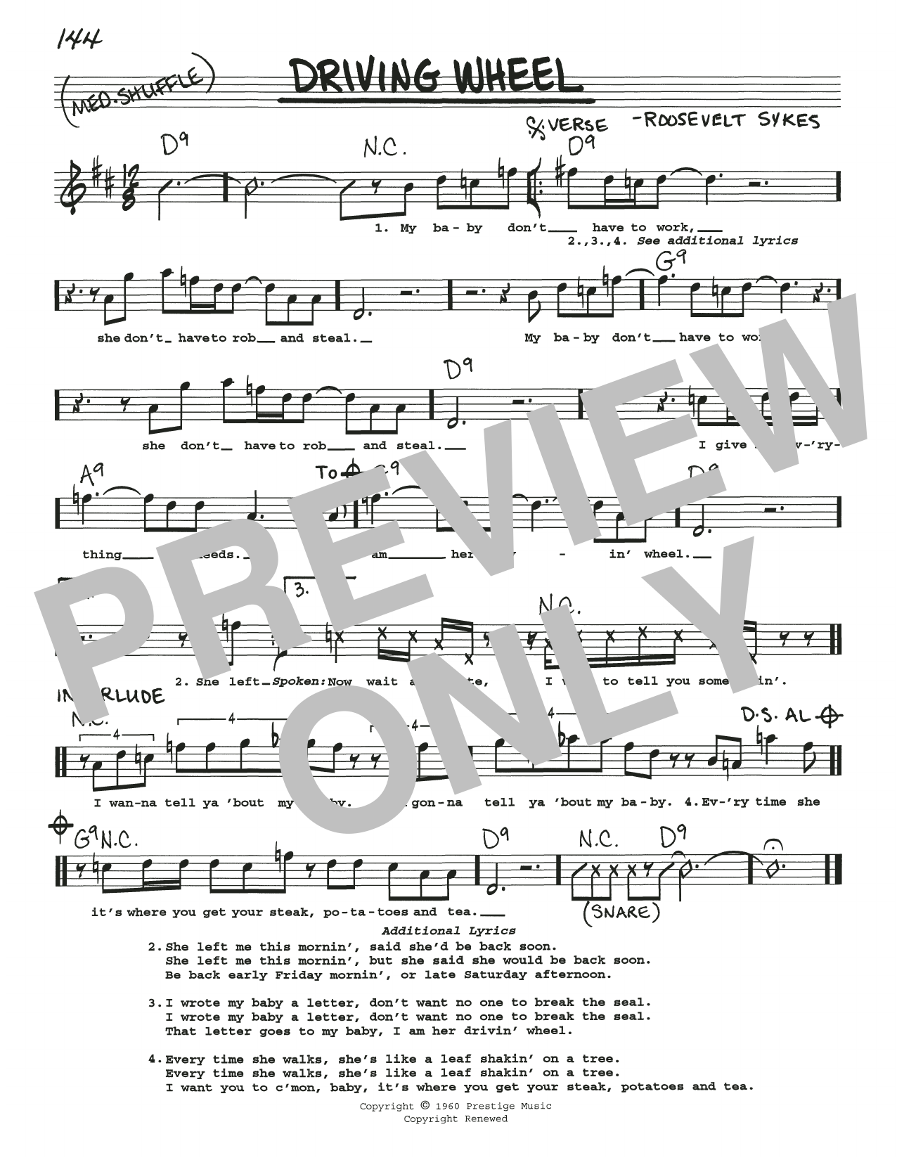 Roosevelt Sykes Driving Wheel sheet music notes and chords arranged for Real Book – Melody, Lyrics & Chords