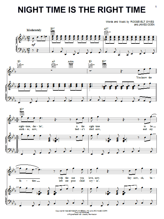 Roosevelt Sykes Night Time Is The Right Time sheet music notes and chords arranged for Piano, Vocal & Guitar Chords (Right-Hand Melody)