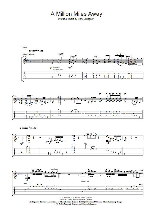 Rory Gallagher A Million Miles Away sheet music notes and chords arranged for Guitar Tab