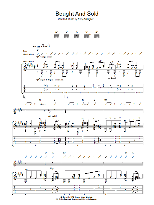 Rory Gallagher Bought And Sold sheet music notes and chords arranged for Guitar Tab