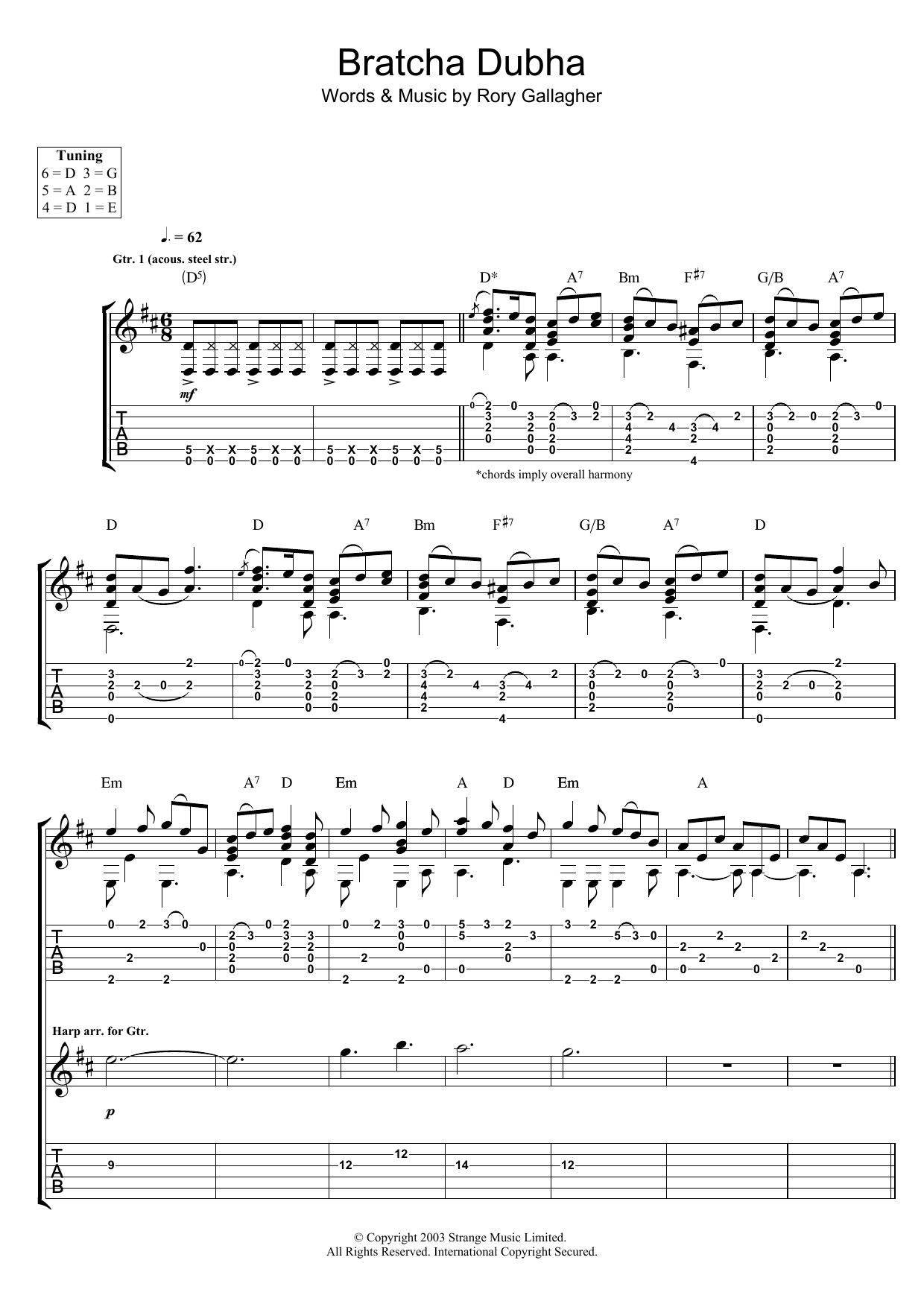 Rory Gallagher Bratcha Dubha sheet music notes and chords arranged for Guitar Tab
