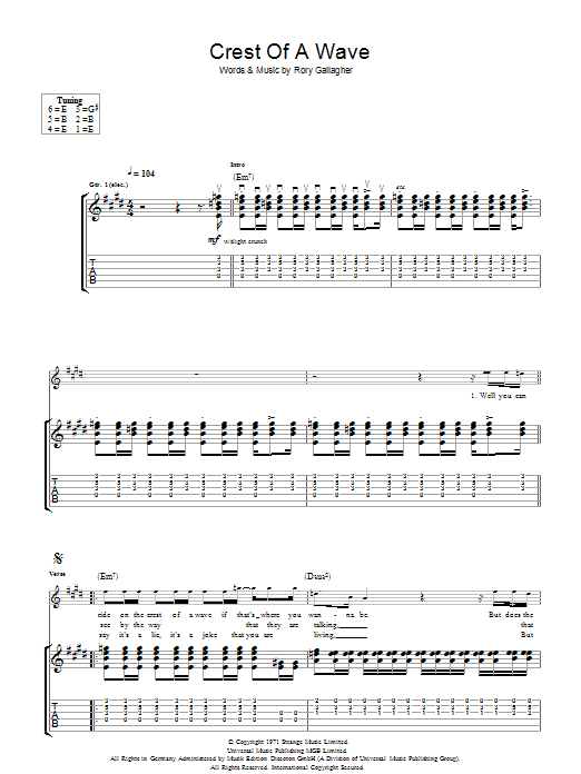 Rory Gallagher Crest Of A Wave sheet music notes and chords arranged for Guitar Tab