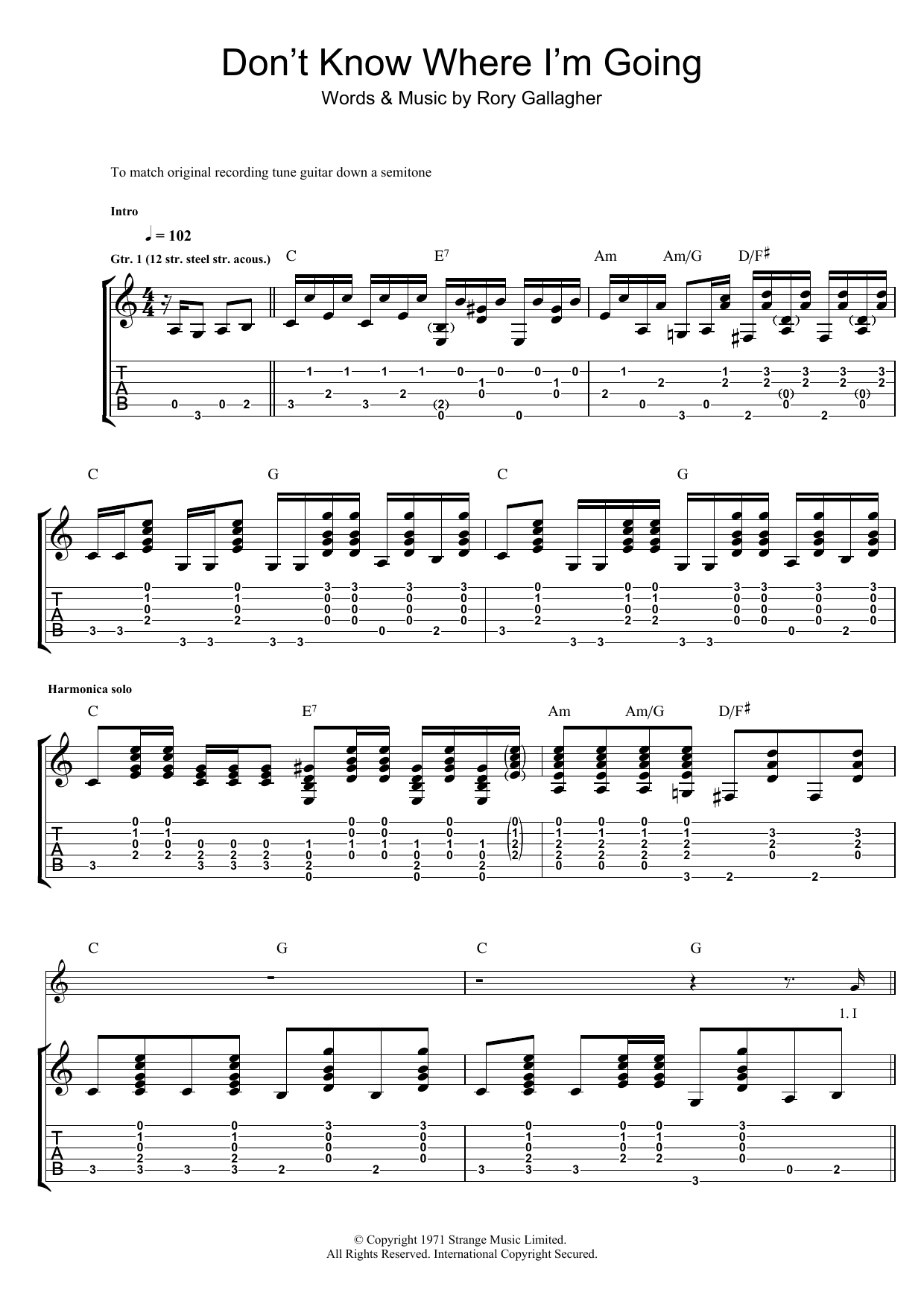 Rory Gallagher Don't Know Where I'm Going sheet music notes and chords arranged for Guitar Tab