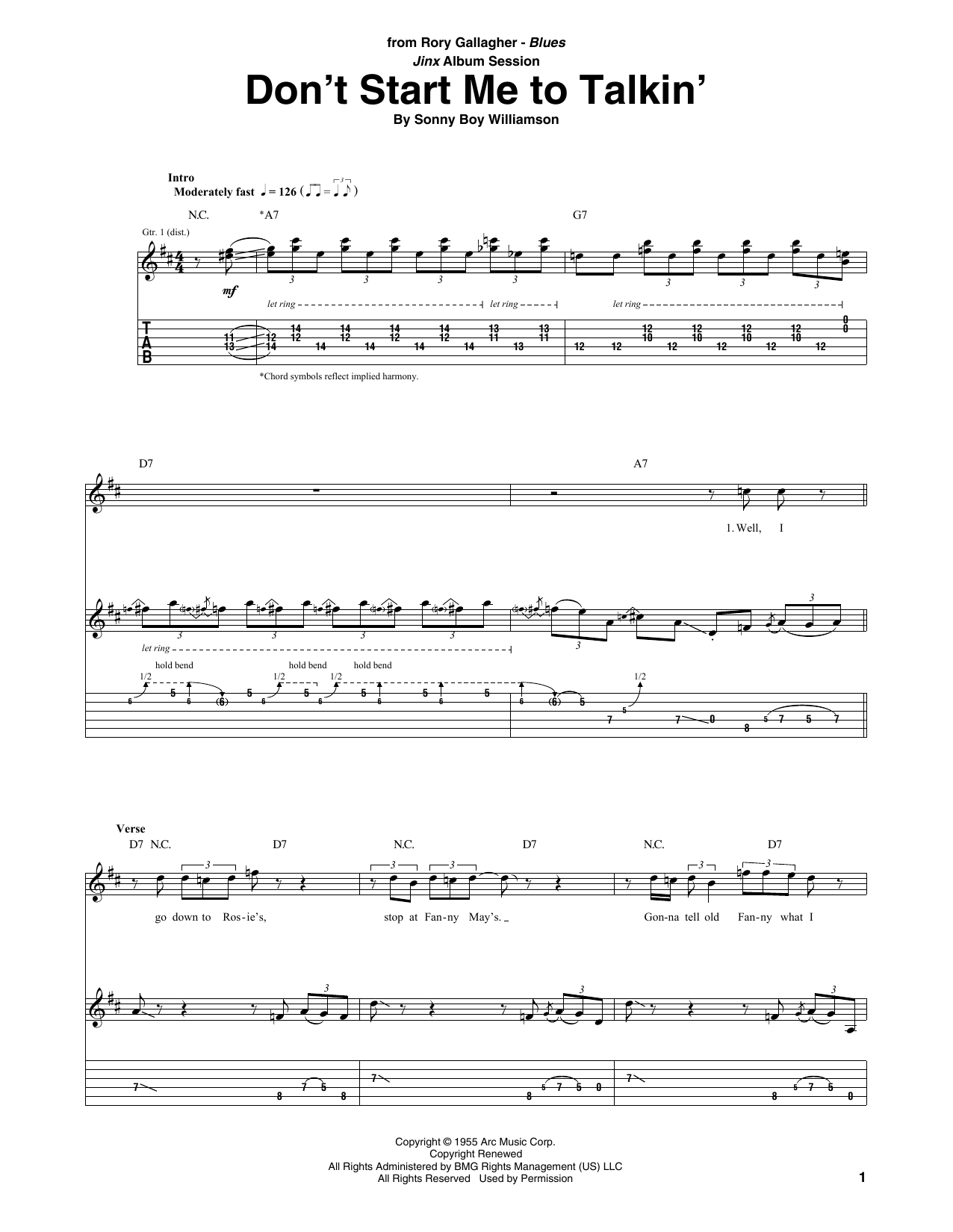 Rory Gallagher Don't Start Me To Talkin' sheet music notes and chords arranged for Guitar Tab
