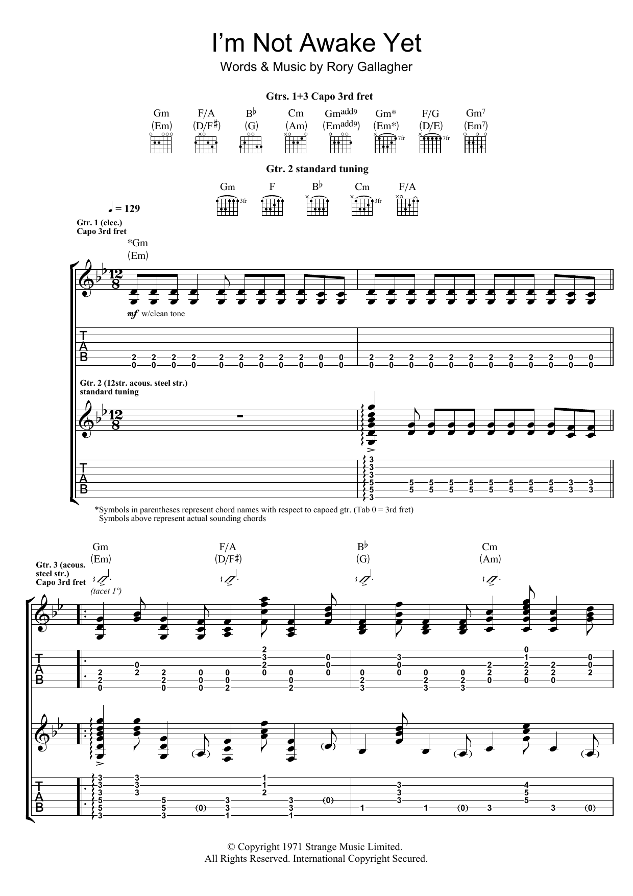 Rory Gallagher I'm Not Awake Yet sheet music notes and chords arranged for Guitar Tab