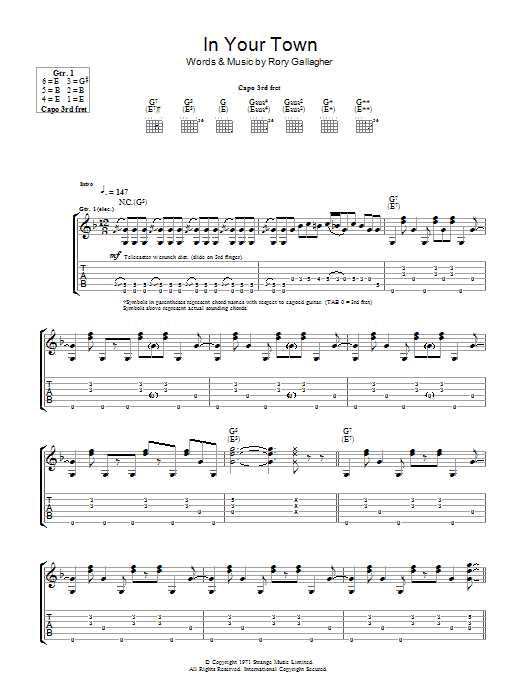 Rory Gallagher In Your Town sheet music notes and chords arranged for Guitar Tab