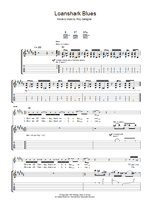 Rory Gallagher Loanshark Blues sheet music notes and chords arranged for Guitar Tab