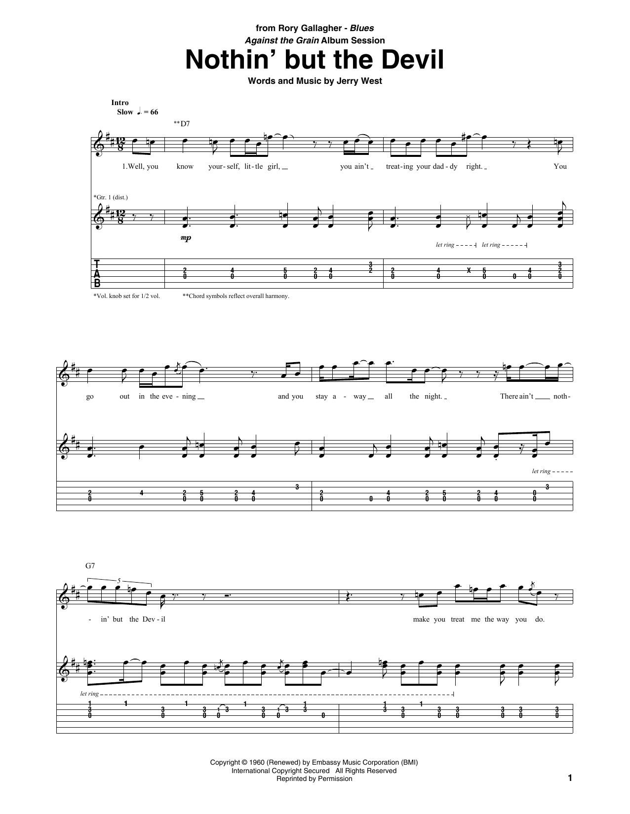 Rory Gallagher Nothin' But The Devil sheet music notes and chords arranged for Guitar Tab