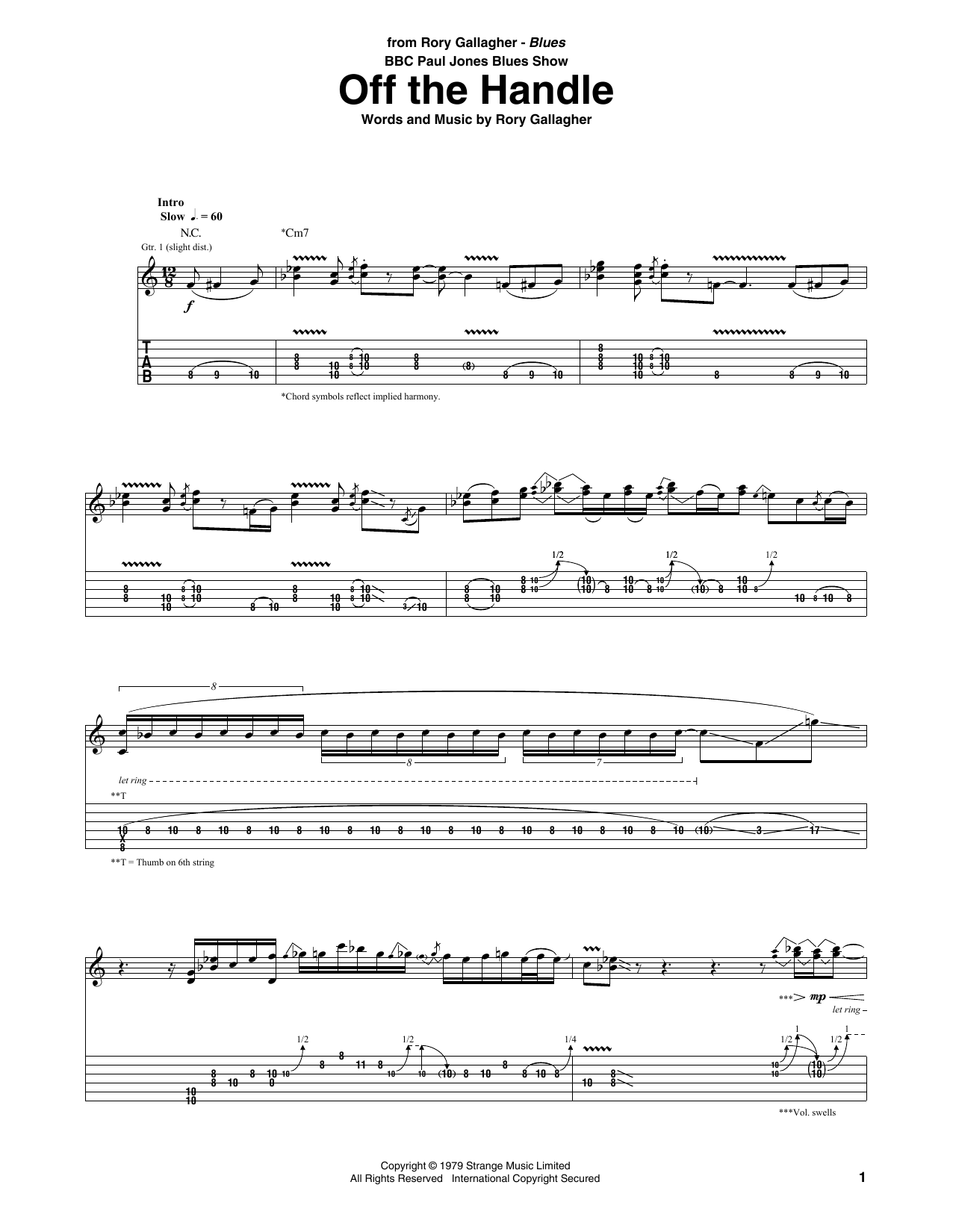 Rory Gallagher Off The Handle sheet music notes and chords arranged for Guitar Tab