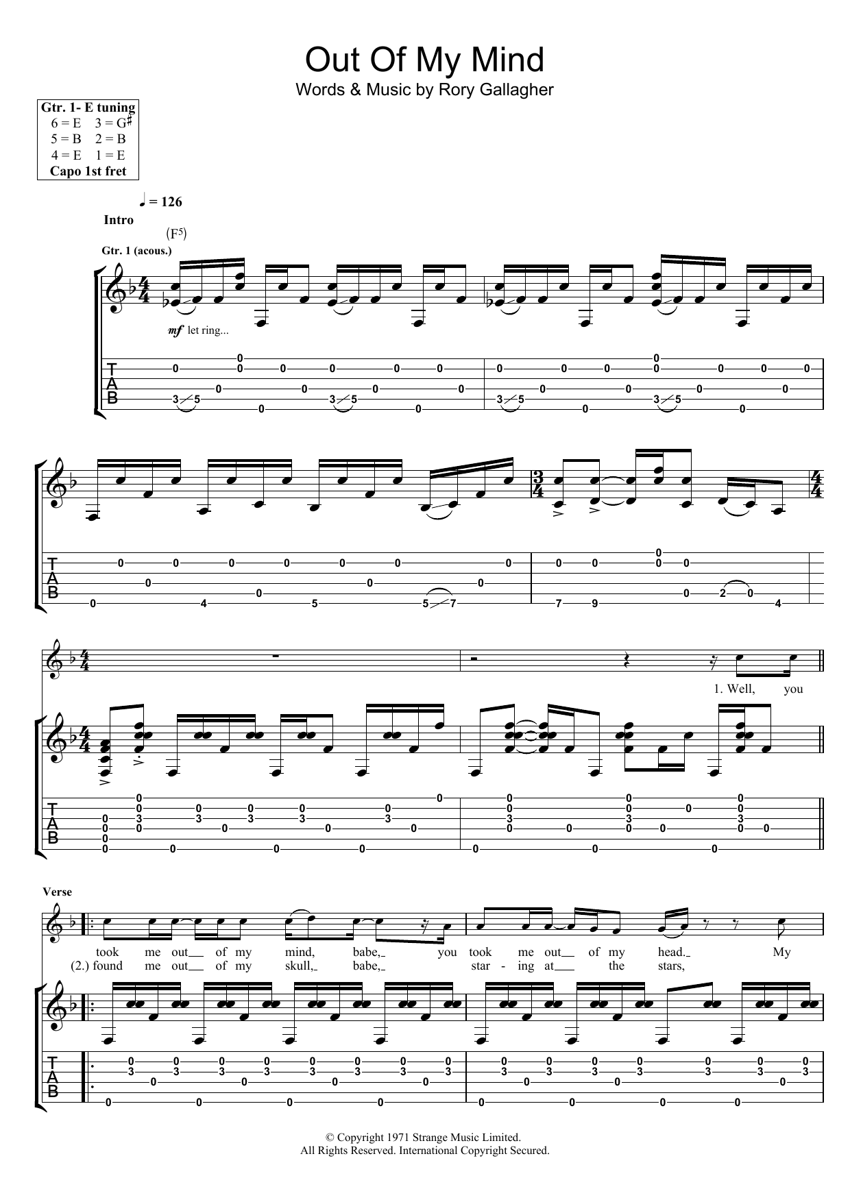 Rory Gallagher Out Of My Mind sheet music notes and chords arranged for Guitar Tab