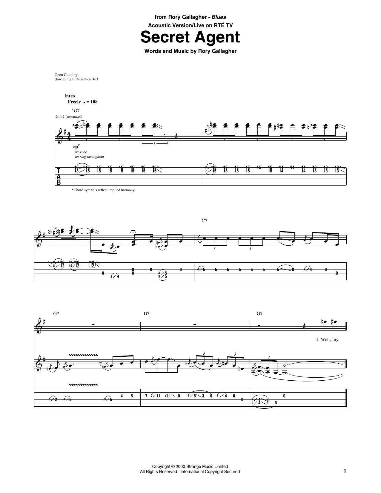 Rory Gallagher Secret Agent sheet music notes and chords arranged for Guitar Tab