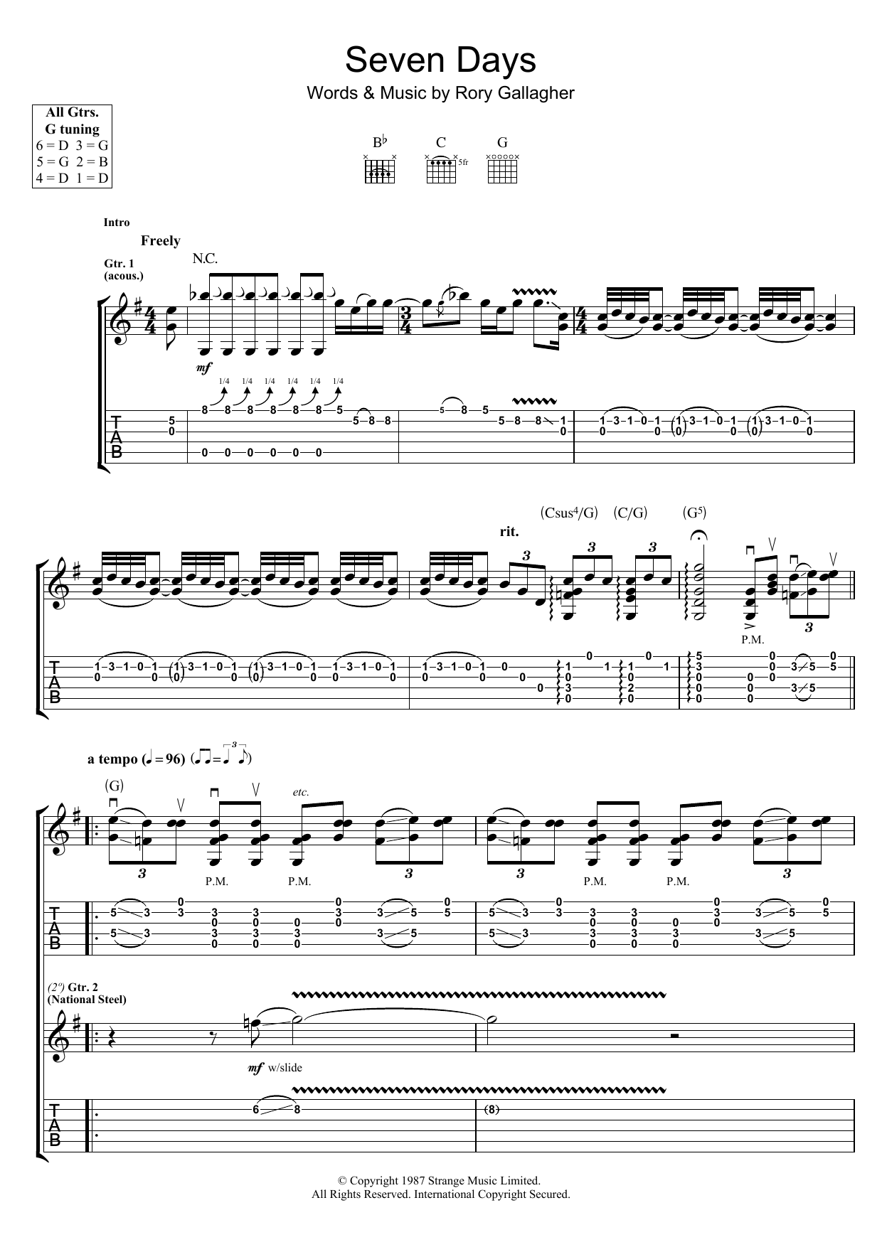 Rory Gallagher Seven Days sheet music notes and chords arranged for Guitar Tab