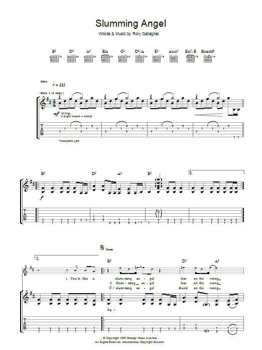 Rory Gallagher Slumming Angel sheet music notes and chords arranged for Guitar Tab