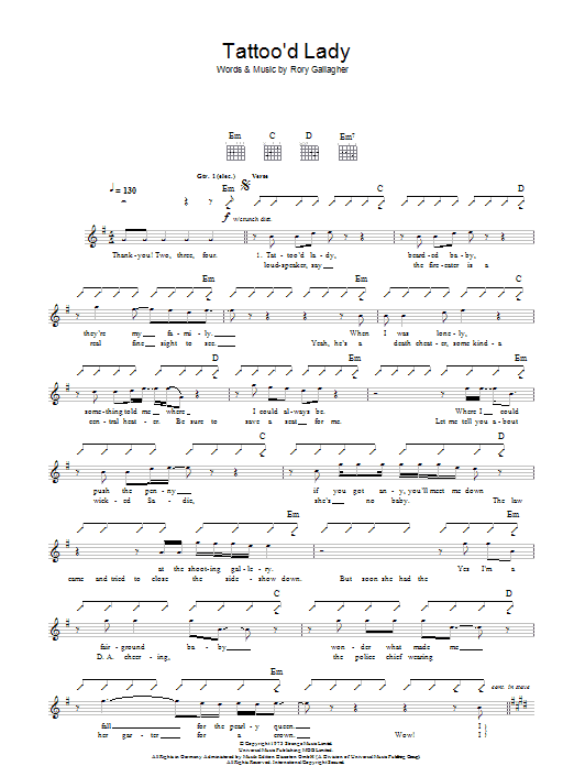 Rory Gallagher Tattoo'd Lady sheet music notes and chords arranged for Guitar Chords/Lyrics