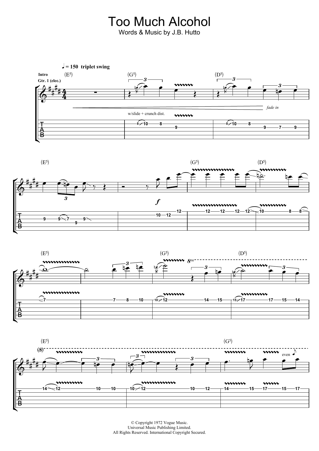 Rory Gallagher Too Much Alcohol sheet music notes and chords arranged for Guitar Tab