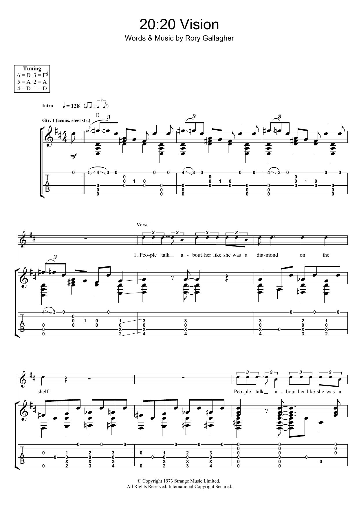 Rory Gallagher Twenty Twenty Vision sheet music notes and chords arranged for Guitar Tab