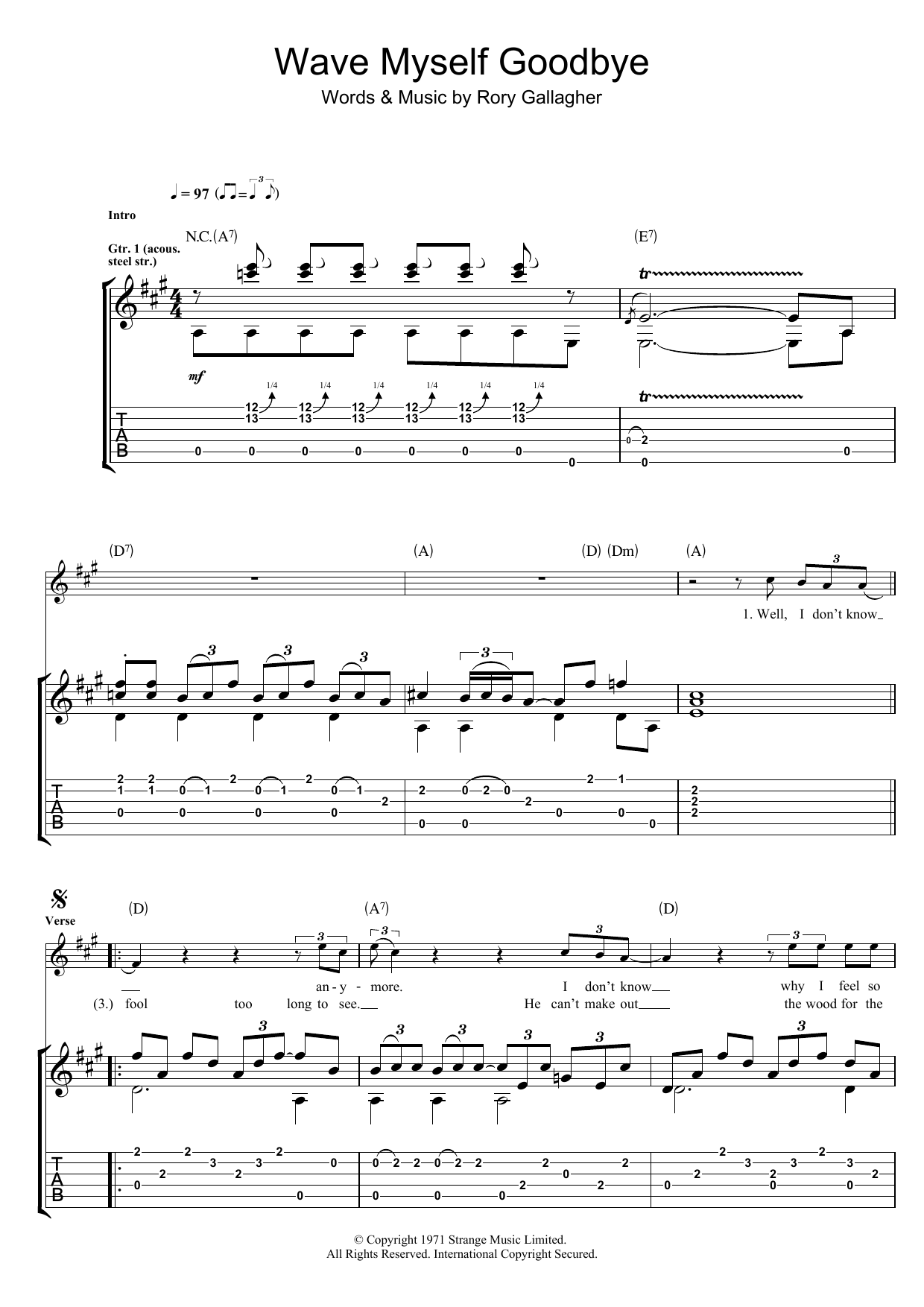 Rory Gallagher Wave Myself Goodbye sheet music notes and chords arranged for Guitar Tab