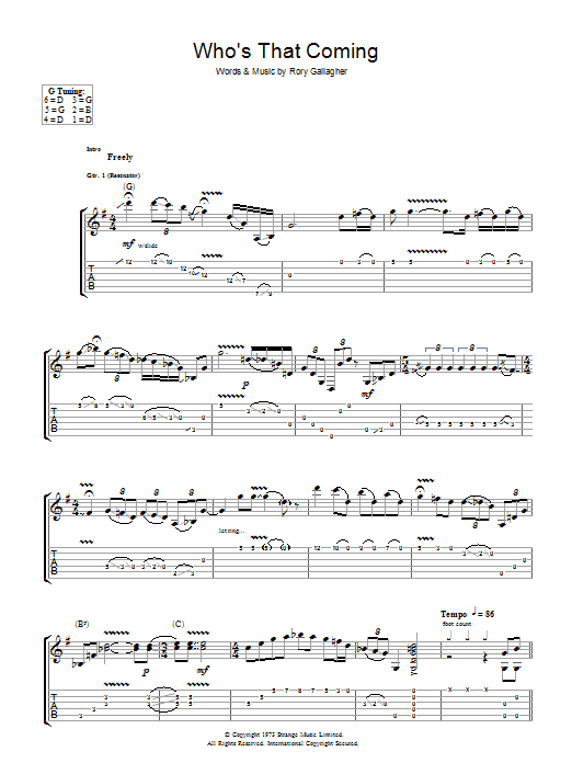 Rory Gallagher Who's That Coming sheet music notes and chords arranged for Guitar Tab