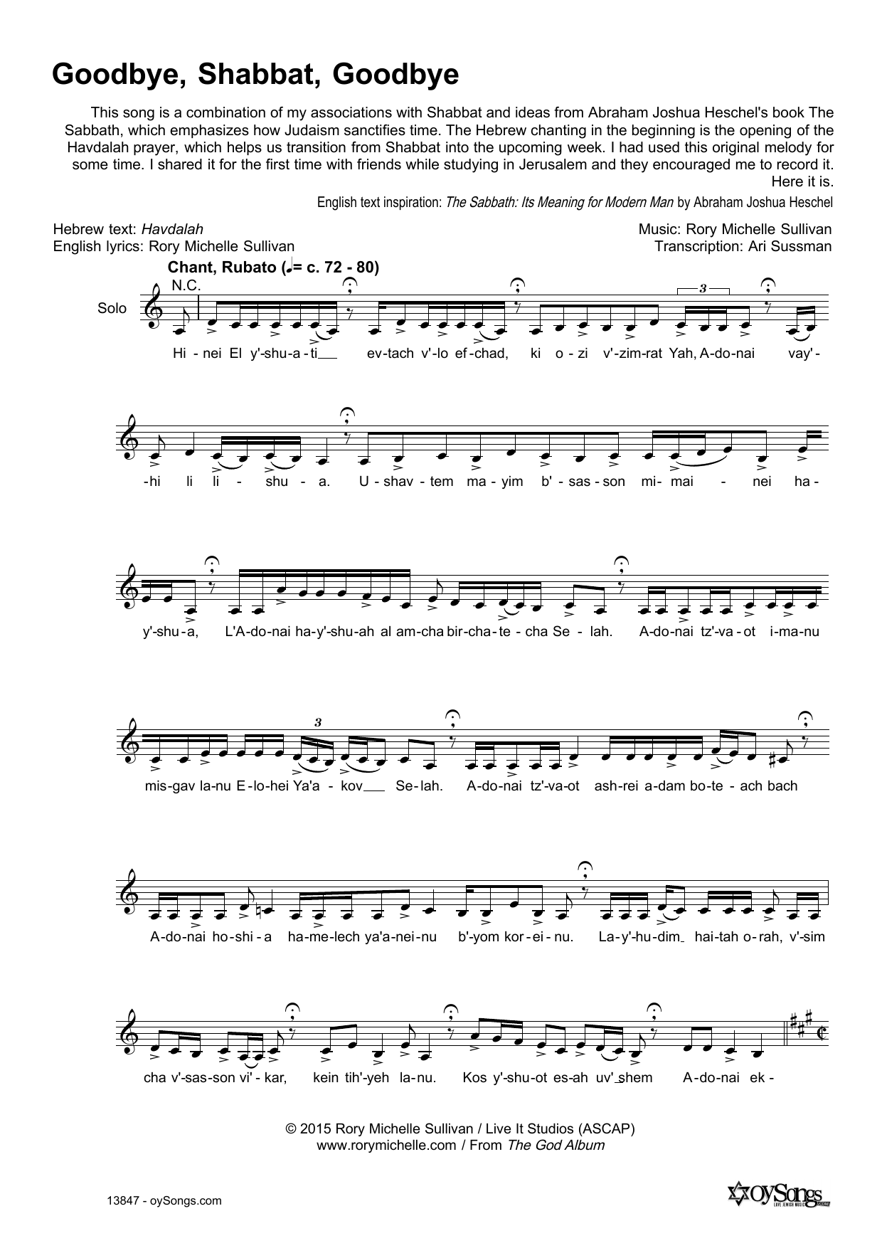 Rory Michelle Sullivan Goodbye, Shabbat, Goodbye sheet music notes and chords arranged for Lead Sheet / Fake Book