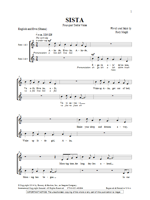 Rory Magill Sista sheet music notes and chords arranged for SSA Choir