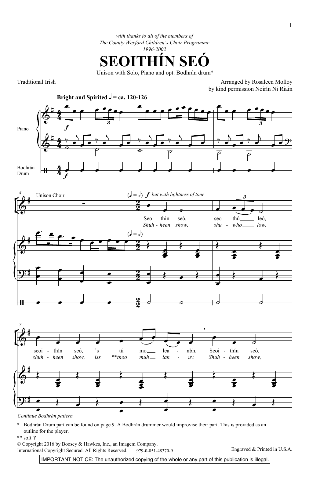 Rosaleen Molloy Seoithin Seo sheet music notes and chords arranged for Unison Choir