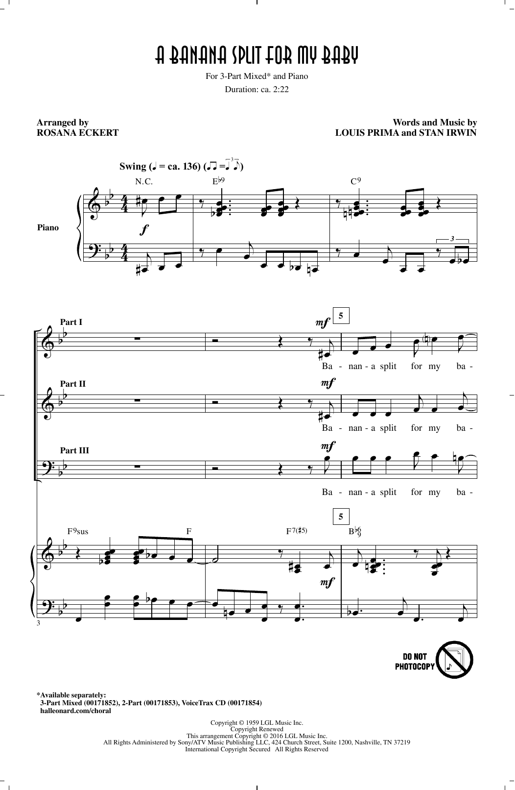 Rosana Eckert A Banana Split For My Baby sheet music notes and chords arranged for 3-Part Mixed Choir