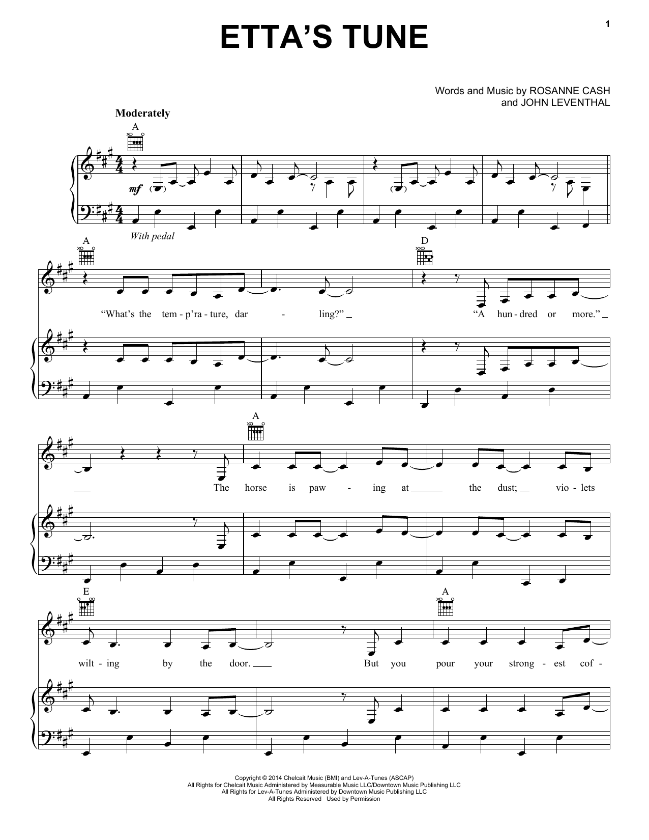 Rosanne Cash Etta's Tune sheet music notes and chords arranged for Piano, Vocal & Guitar Chords (Right-Hand Melody)