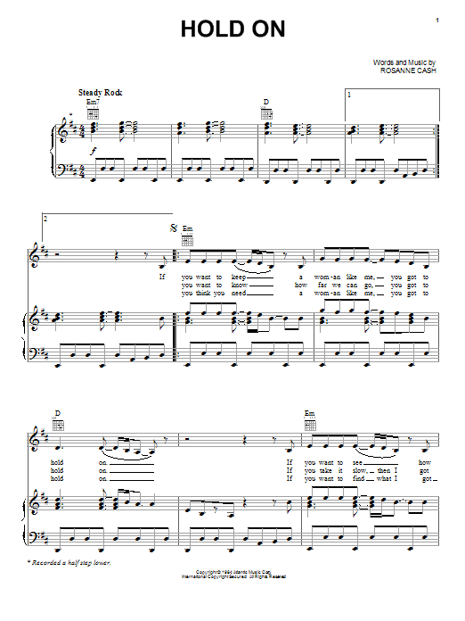 Rosanne Cash Hold On sheet music notes and chords arranged for Piano, Vocal & Guitar Chords (Right-Hand Melody)