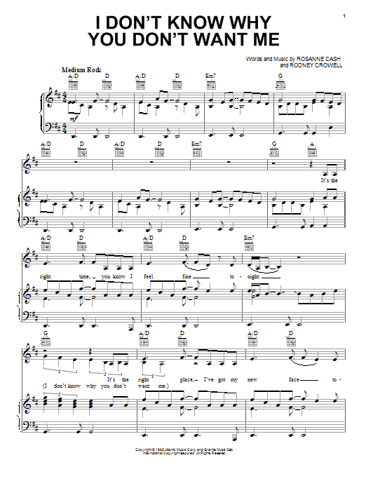 Rosanne Cash I Don't Know Why You Don't Want Me sheet music notes and chords arranged for Piano, Vocal & Guitar Chords (Right-Hand Melody)