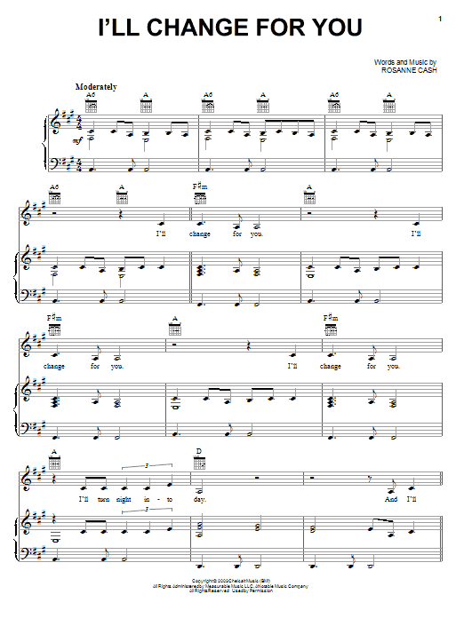 Rosanne Cash I'll Change For You sheet music notes and chords arranged for Piano, Vocal & Guitar Chords (Right-Hand Melody)